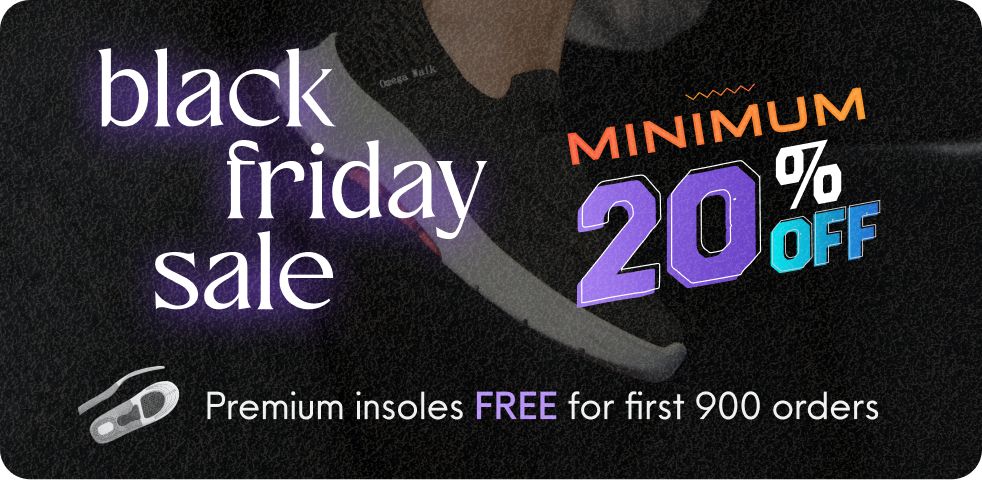 Black Friday sale advertisement with text and a shoe graphic on a black background